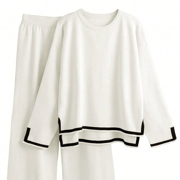White Casual Women's Daily Color Block Sweater Set - Picture 1 of 8